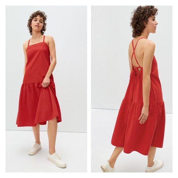 Everlane Dresses & Skirts - Everlane The Pinafore Dress Red Midi Lace Up Back New Size 12 Casual M85